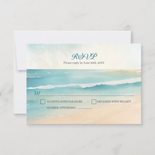 水彩ビーチオール ウェディングRSVP返信 出欠カード (正面)