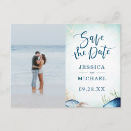 水彩ビーチカリグラフィー写真Save The Date インビテーションポストカード