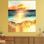 水彩ビーチサンセット絵画ズと金ゴールドアクセント キャンバスプリント (インサイチュ (リビング))