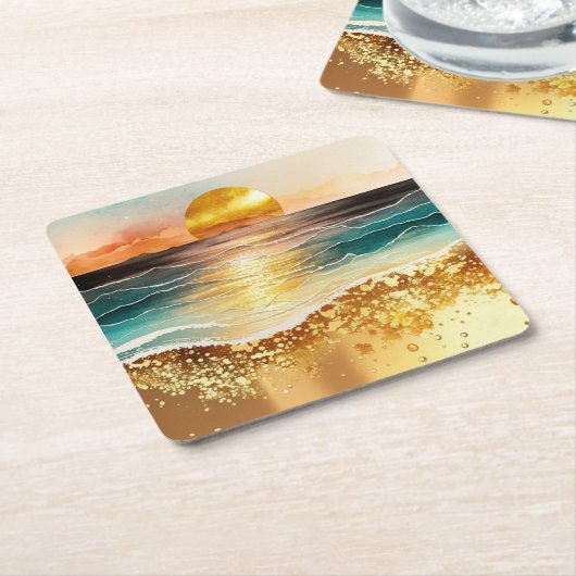 水彩ビーチシリーズデザイン3 スクエアペーパーコースター (アングル)