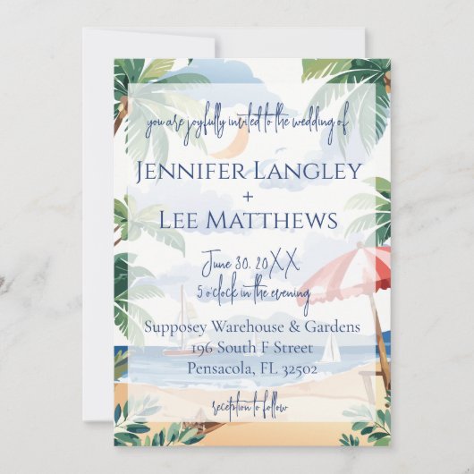 水彩ビーチシー結婚ン 招待状 (正面)