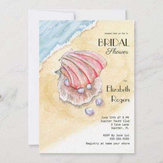 水彩ビーチハマグリ&パールブライダルシャワー 招待状 (正面)