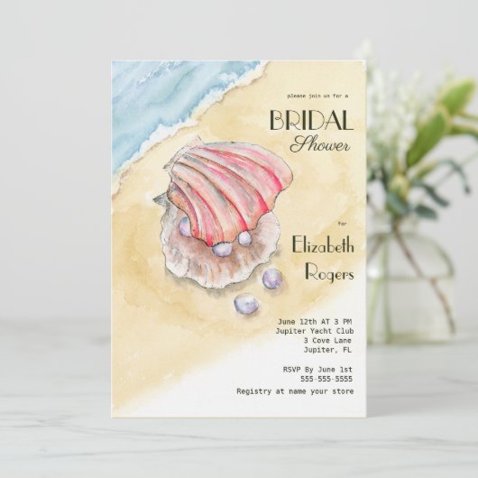 水彩ビーチハマグリ&パールブライダルシャワー 招待状 (スタンド正面)