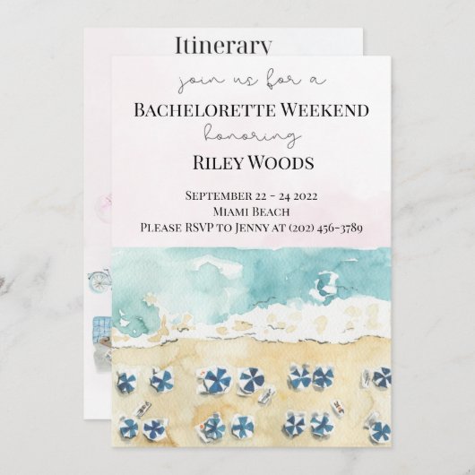 水彩ビーチバチェロレッテ週末の旅程 招待状 (正面/裏面)