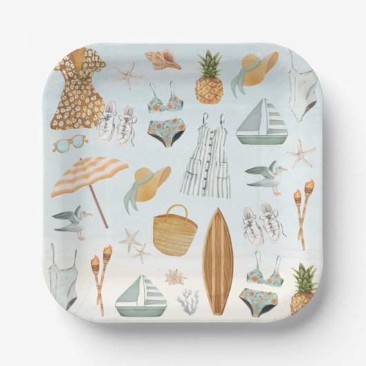 水彩ビーチバチェロレッテ週末 ペーパープレート (正面)