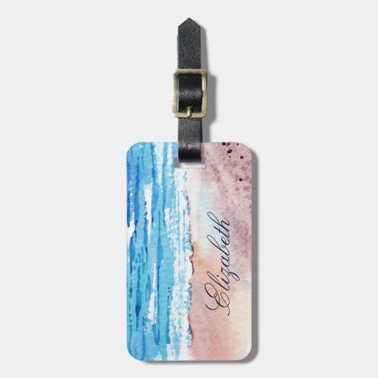 水彩ビーチパーソナライズされた名 ラゲッジタグ (正面縦)