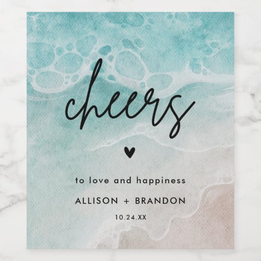 水彩ビーチパーソナライズされた結婚の ワインラベル (シングルラベル)