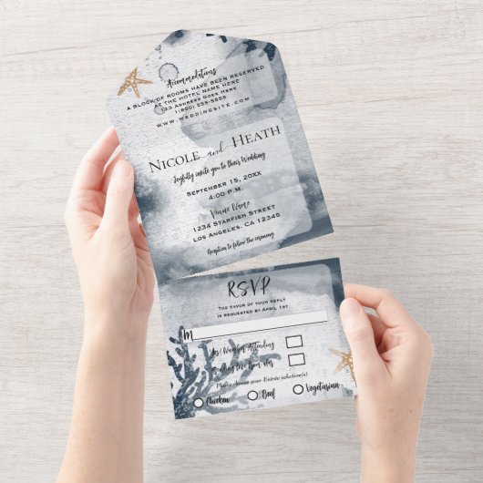 水彩ビーチヒトデ珊瑚礁結婚青 オールインワン招待状 (貼ってはがせる)