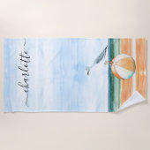 水彩ビーチビーチボールシーガルタオル ビーチタオル (正面)