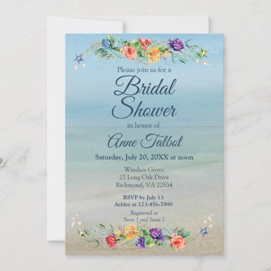 水彩ビーチフローラブライダルシャワー 招待状 (正面)