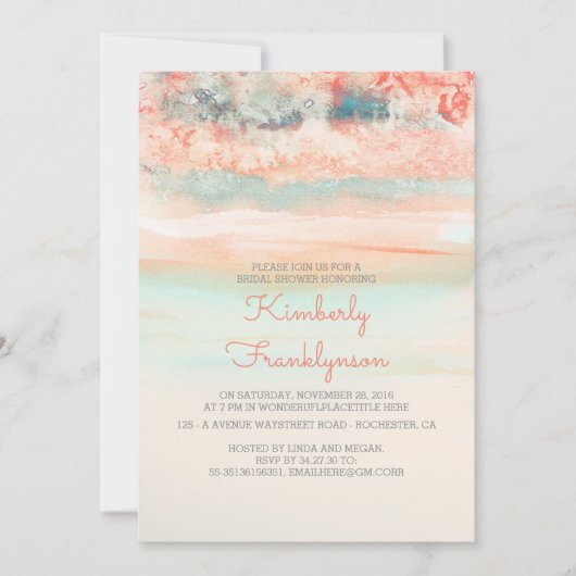 水彩ビーチブライダルシャワーピンクブルー 招待状 (正面)