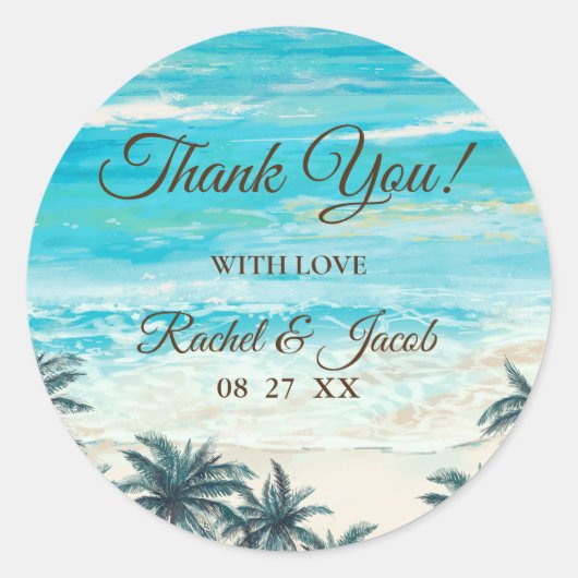 水彩ビーチブルー海サンキューステッカー ラウンドシール (正面)
