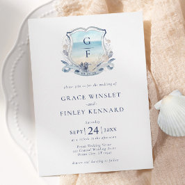 水彩ビーチモノグラム結婚クレスト 招待状