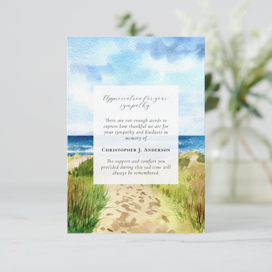 水彩ビーチ写真悔やみや弔慰葬儀記念 サンキューカード (スタンド正面)