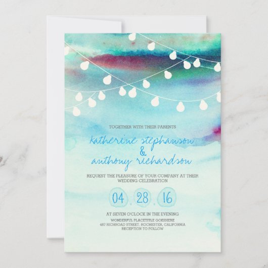 水彩ビーチ列灯結婚式招待状 招待状 (正面)