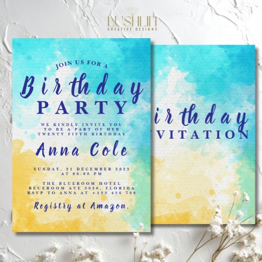 水彩ビーチ及び海誕生日デザイン 招待状