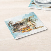 水彩ビーチ感謝祭 スクエアペーパーコースター (アングル)