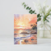 水彩ビーチ日没の背景 ポストカード (スタンド正面)
