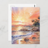 水彩ビーチ日没の背景 ポストカード (正面/裏面)