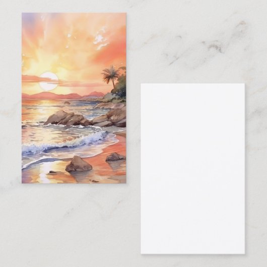 水彩ビーチ日没の背景 名刺 (正面/裏面)