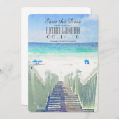 水彩ビーチ桟橋 | トロピカル日付の保存 セーブザデート (正面/裏面)