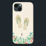 水彩ビーチ植物学ビーチサンダル iPhone 13ケース<br><div class="desc">水エレガント色の熱帯島の植物装飾されたビーチサンダルのマッ縁どチと、イニシャルとパーソナライズされた、サンディbeige iPhoneケース。</div>