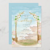 水彩ビーチ沿岸結婚式招待状 招待状 (正面/裏面)