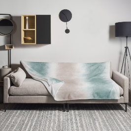 水彩ビーチ波佐世海/青グリーン フリースブランケット