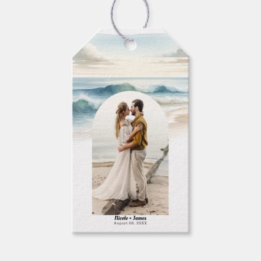 水彩ビーチ波沿岸写真結婚の ギフトタグ (正面)