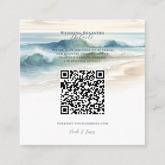 水彩ビーチ波沿岸部レジストリQRコード スクエア名刺 (裏面)