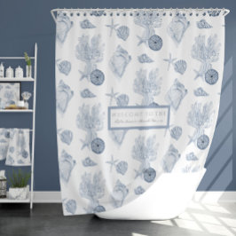 水彩ビーチ海コーラルスターフィッシュブルーnホワイト シャワーカーテン