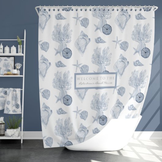 水彩ビーチ海コーラルスターフィッシュブルーnホワイト シャワーカーテン