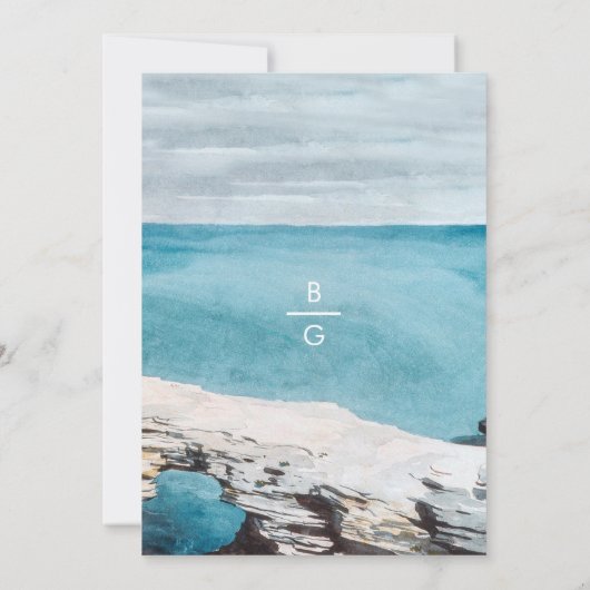 水彩ビーチ海モノグラム結婚のQRコード セーブザデート (裏面)