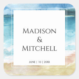 水彩ビーチ海宛先ウェディング スクエアシール