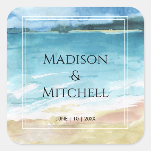 水彩ビーチ海宛先ウェディング スクエアシール (正面)