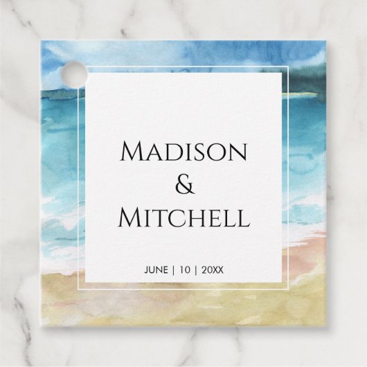 水彩ビーチ海宛先ウェディング フェイバータグ (正面)