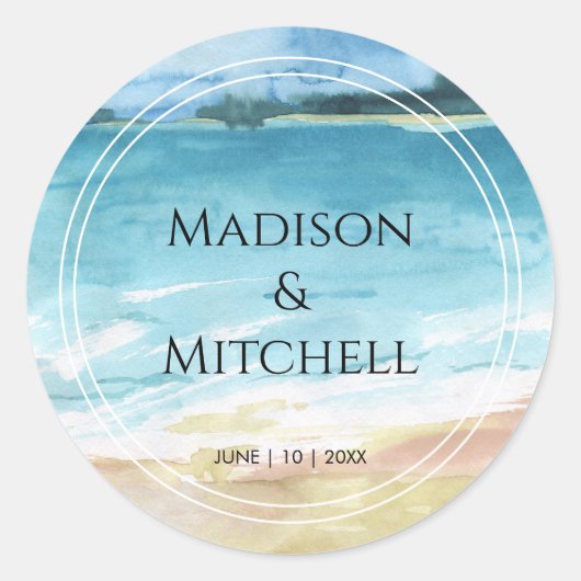 水彩ビーチ海宛先ウェディング ラウンドシール (正面)