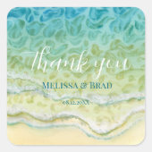 水彩ビーチ海波ありがとう結婚。 スクエアシール (正面)