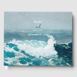 水彩ビーチ海波モノグラム結婚ズ ゲストブック