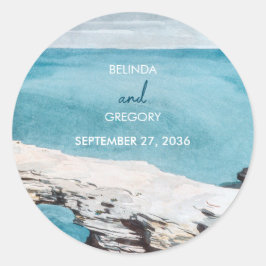 水彩ビーチ海波モノグラム結婚ズ ラウンドシール