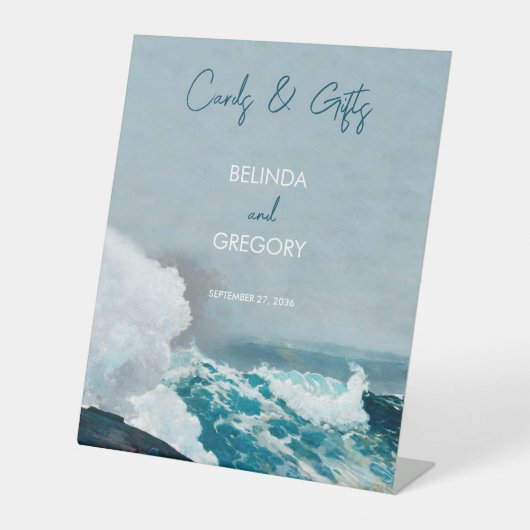 水彩ビーチ海波結婚式カードギフト 台座サイン (正面)