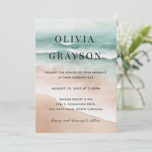 水彩ビーチ海結婚式招待状 招待状 (スタンド正面)