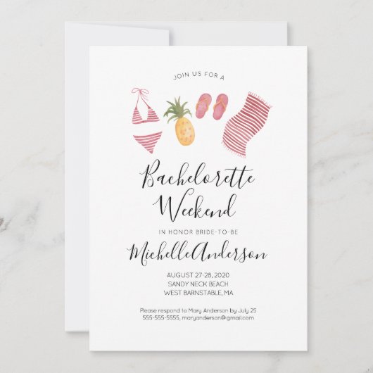 水彩ビーチ独身最後の週末招待状 招待状 (正面)