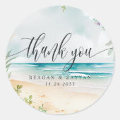 水彩ビーチ結婚式ありがとう ラウンドシール (正面)