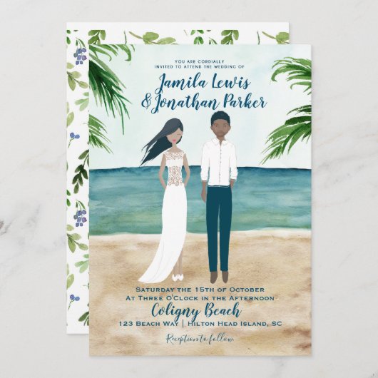 水彩ビーチ結婚式招待状ブラックカップル 招待状 (正面/裏面)