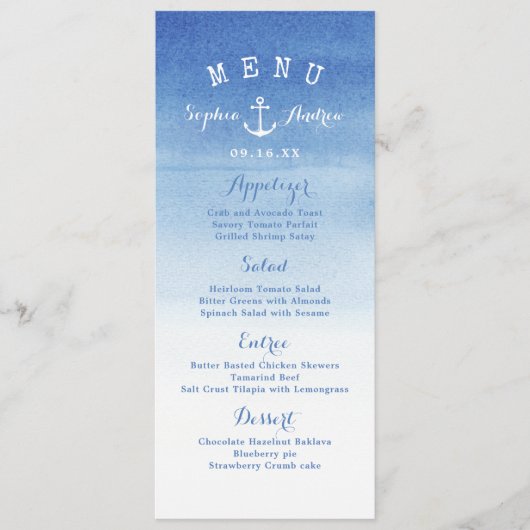 水彩ビーチ結婚式航海のいかりメニューカード メニュー (正面)