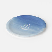 水彩ビーチ結婚式航海のいかりモノグラム ペーパープレート (アングル)