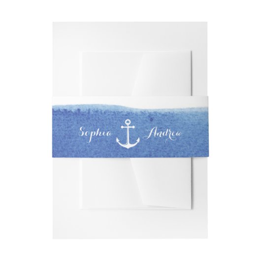 水彩ビーチ結婚式航海のいかりモノグラム 招待状ベリーバンド (正面例)