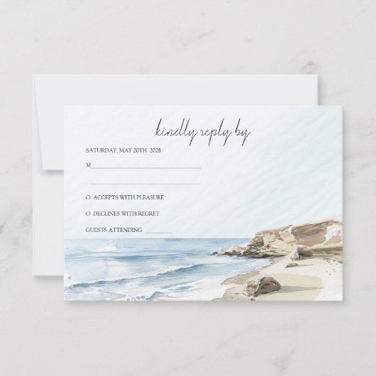 水彩ビーチ結婚式RSVP 招待状 (正面)