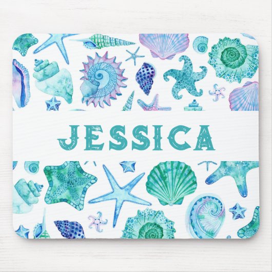 水彩ビーチ貝殻とヒトデのモノグラム マウスパッド (正面)